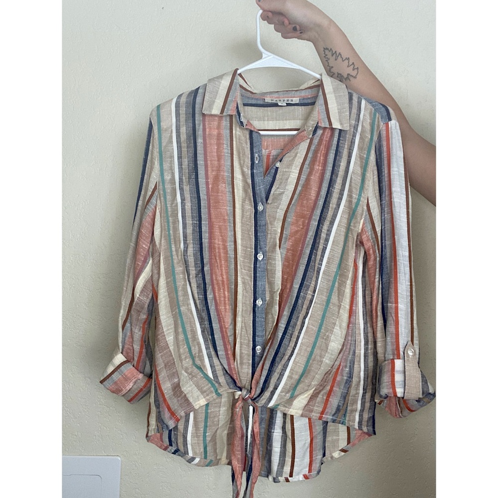 multicolored button down stripped top